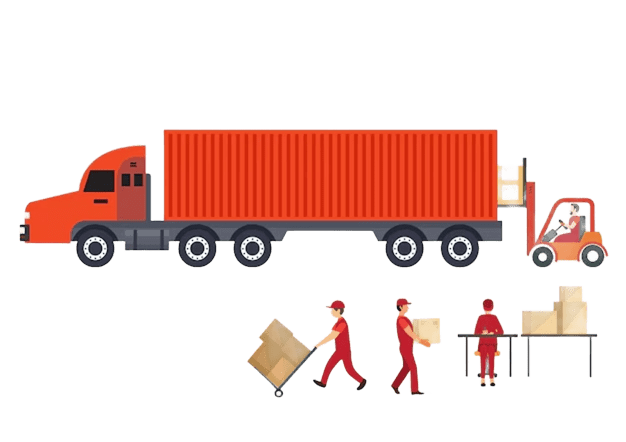 employee is recording delivery with delivery man dressed red cargo truck with cargo box freight forw